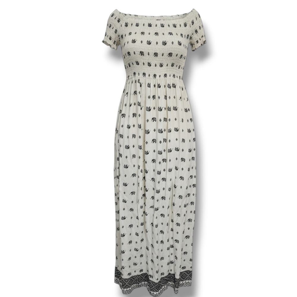 Shosho Elephant Print Off Shoulder Maxi Dress Ivory Juniors Medium